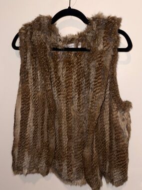 Rabbit Fur Hooded Vest in Brown and Cream